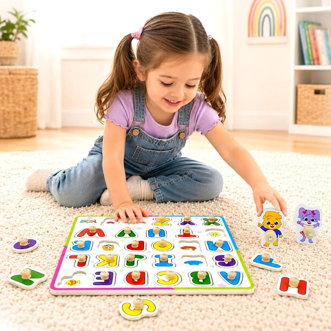 Lucas & Friends Wooden ABC Peg Puzzle for Toddlers, Alphabet Learning Toy | Montessori Learning Toys, Peg Puzzle Board for Preschool Kids, Educational Alphabets Puzzle, Ages 3+, Birthday Gift for Kids