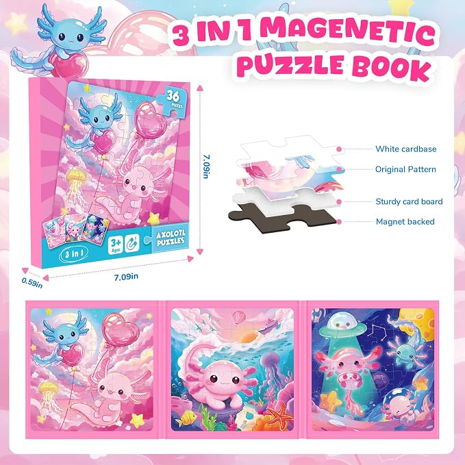 Homicozy Magnetic Puzzles for Toddler Kids 3-8, Axolotl Travel Toys | 36-Pieces Magnetic Puzzles for Girls Ages 3-5 4-6, Car Airplane Road Trip Activities, Quiet Screen-Free Game, Birthday Gifts