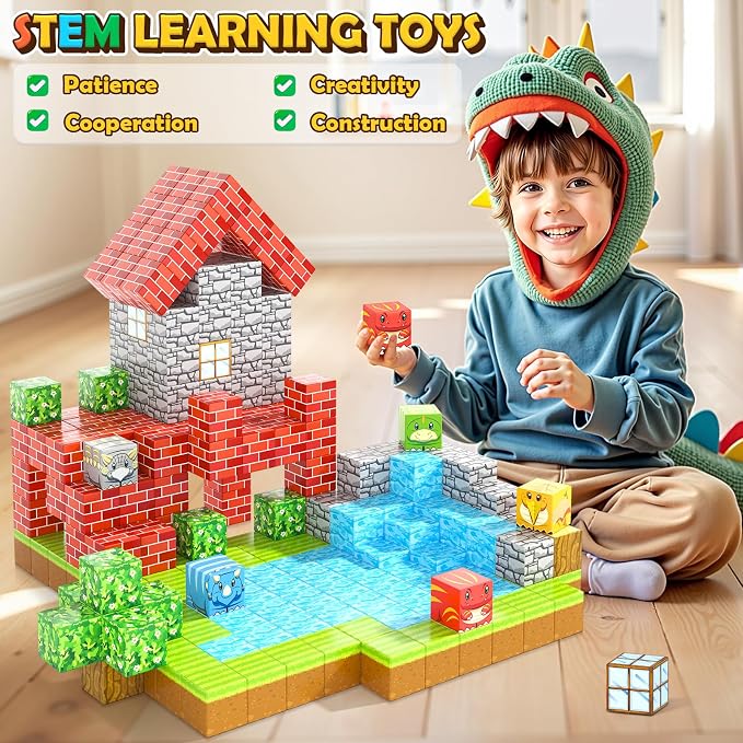 100PCS 1“ Magnetic Blocks - Build Mine Magnet World Forest Dinosaur Edition | Sensory STEM Building Toys for Kids Toddlers, Educational Construction Classroom Set, Birthday Gift for Boys Girls Ages 3-12
