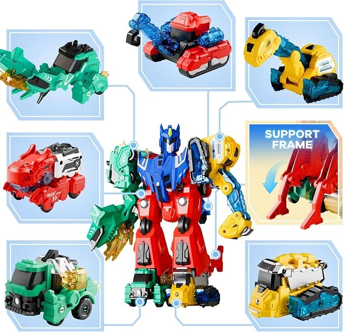 iPlay, iLearn Kids Dinosaur Transform Robot Toy Magnetic Transforming Truck | 6-in-1 Dinosaur Construction Trucks, Toddler STEM Assemble Building Toy, Cool Birthday Gift Age 3 4 5 6 7 8 Year Old Boy Girl