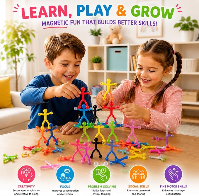 Travel Toys for Kids Ages 3-8, 10 PCS Magnetic Men Figures, Airplane Toy, Road Trip Activities, Sensory Fidget Toys, STEM Building Set, Quiet Screen-Free Toy for Car, Restaurant & Classroom