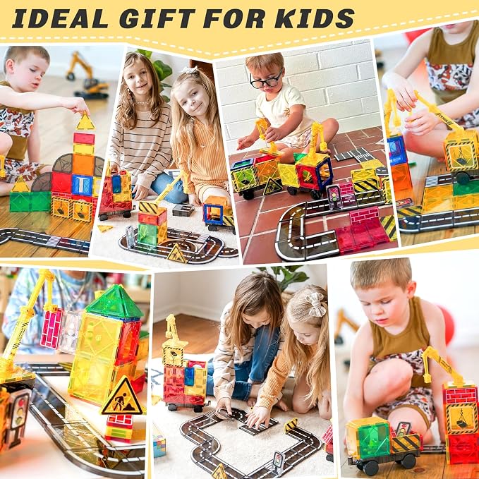 Kids Games Magnetic Tiles Road Set with Extendable Crane Magnetic Blocks | City Construction Building Toys for Toddlers STEM Preschool Ages 4-6 5-7, Gifts for 3+ Year Old Boys Girls Kids Toys with Car