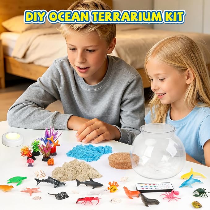 7july Ocean Animals Terrarium Crafts Kit for Kids-LED Night Light Up & Remote Birthday Gifts Toys for Girls Ages5 6 7 8 9 10 Year Old