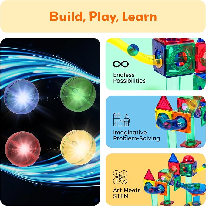 PicassoTiles Motion Activated Marbles 4pc LED Light-Up Glow in The Dark Translucent Balls for Marble Run Race Racetrack Maze Magnetic Construction Magnet Tiles Building Block STEM Education Kids Toys