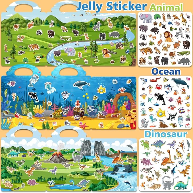 3 Sets of Reusable Jelly Stickers Books - Jelly Sticker Books for Kids - Airplane and Car Travel Toys Educational Gifts for Boys and Girls (Dinosaur+Ocean+Animal