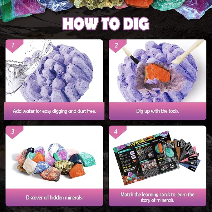 Gamerside Gem Digging Kit, 12 Rock Digging Kit for Kids 6+ | Excavate Real Gems & Crystals, 12 Mining Tools Set & Rock & Mineral Identification, Great Geology Gift for Boys Girls