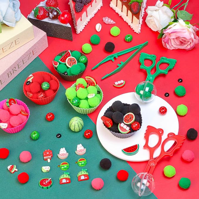 Watermelon Sensory Bin Filler-301Pcs Summer Fruit Fine Motor Sensory Bin Item Includes Tweezers Scissor Pom Poms Watermelon Resin for Summer Decor Counting Motor Skills Development