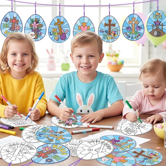 ANGOLIO Easter Color Your Own Egg Ornaments Kit for Kids 83Pcs Christian Religious DIY Coloring Craft Kit Cross He is Risen Jesus is Alike Card Sunday School Classroom Church Party Art Craft Project