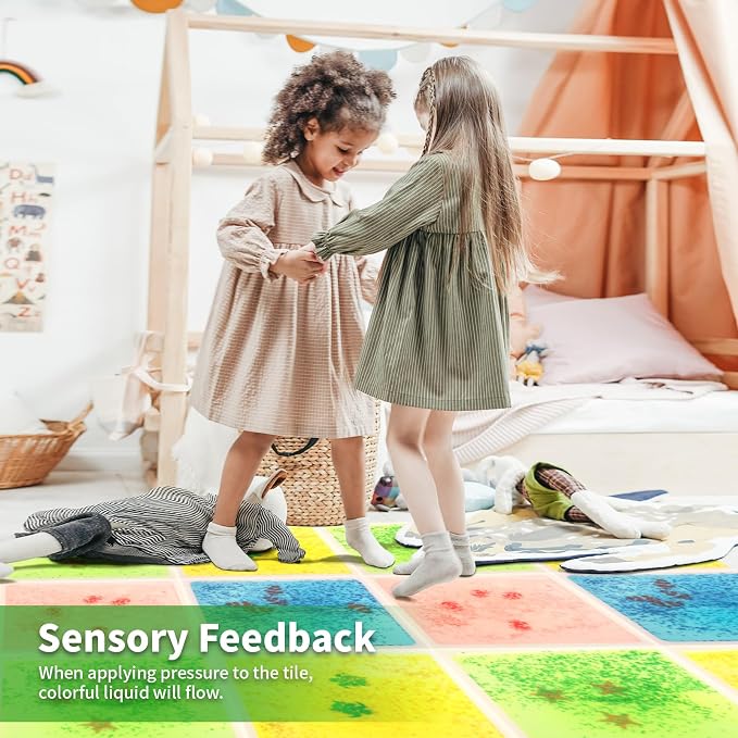 LONGKING 4-Sheet Liquid Square Sensory Tiles, Animal Pattern, Colorful Floor Tile for Play Centers, Playroom, Lava Tiles, 11.8"x11.8" | Sensory floor tiles, soft liquid gel, 11.8"x11.8", color movement play mat, playroom classroom daycare, 4-sheet