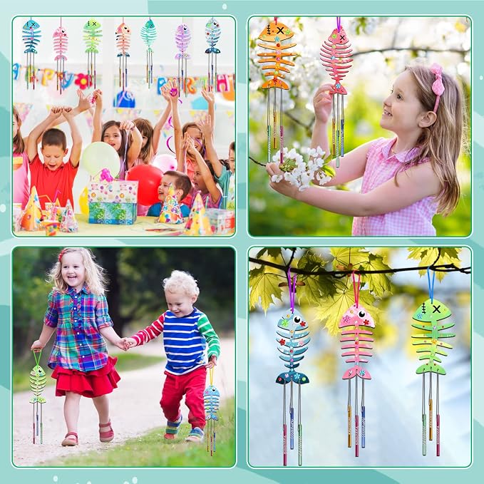 Fennoral 12 Pack Fish Bone Wind Chime Craft Kit for Kids | Make You Own Wooden Arts and Crafts Ornaments DIY Coloring for Classroom Art Activities Birthday Party Gifts