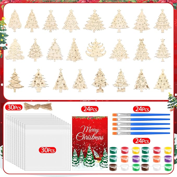 Saypacck 24 Pcs Christmas Tree Party Favors Wooden Paint Craft Kits | Includes Brushes Paints, Christmas Tree Designs, Organza Bags for Goodie Bag Fillers, Christmas Stocking Stuffer Gifts