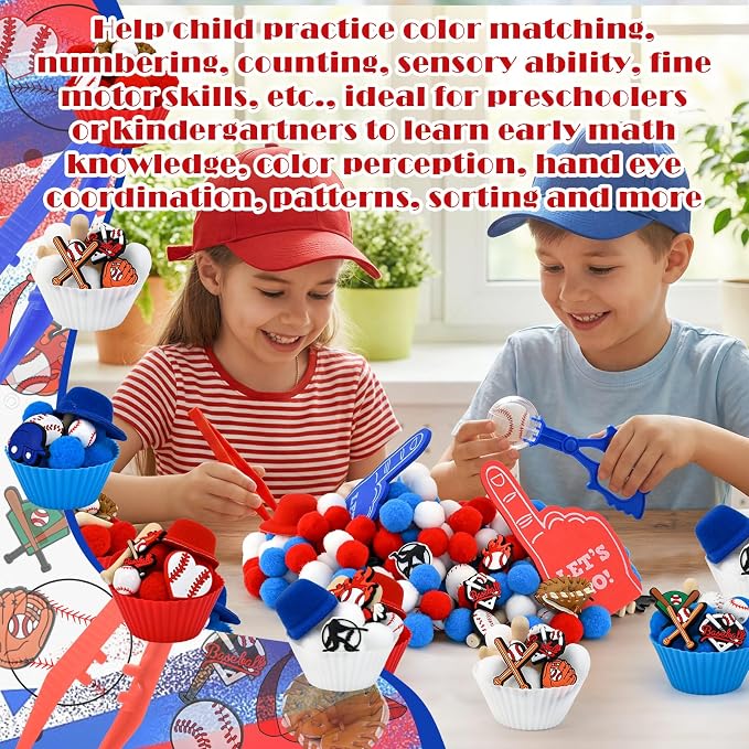 152 Pcs Baseball Sensory Bin Items Sports Balls Counting Sorting Baseball Sensory Bin Filler Fine Motor Ball Counts for Spring Summer Color Sorting Counting