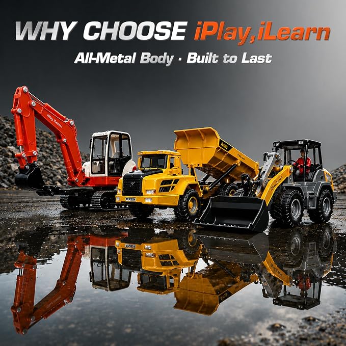 iPlay, iLearn Heavy Duty Construction Site Playset, Metal Dump Truck Digger | Kids Diecast Excavator Backhoe Tractor Bulldozer Vehicle, Outdoor Sandbox Beach Toy, Birthday Gift 3 4 5 Year Old Boy Toddler