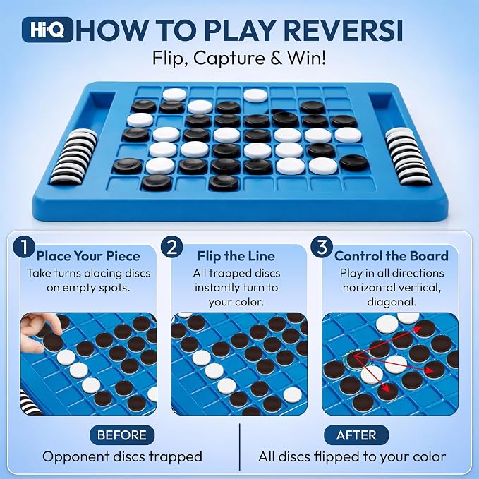 Reversi Board Game for Kids & Adults 14x10x2 Inches – Othello Classic Board Game - with 64 Reversible Discs & Built-in Storage – Strategy Board Game, for Boys & Girls