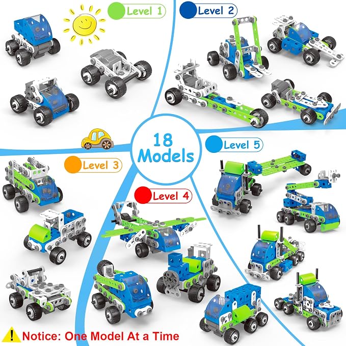 18 in 1 Educational STEM Toy for 4 5 6 7 8+ Year Old Boy Girl Birthday Gift | Building Toys Stem Activities for Kids Ages 4-8 5-7 6-8 Build and Play Construction Toy for Boys 4-6 8-10 (Pull Back Cars)