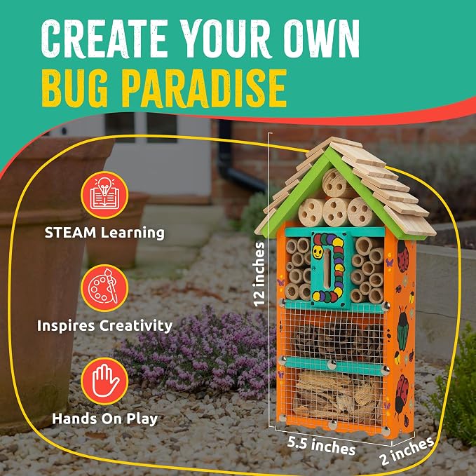 Premium Bug Hotel Kit for Kids, Easy Wood Bug House Kits | Bug House for Kids with Tools, Paints & Glue, Insect Hotel Kit, Fun Wood Building Kits, Birthday Gifts for Girls and Boys