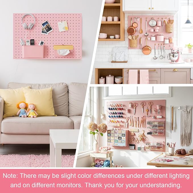Peg Board, 2 Pack Metal Pegboard Panels Pink Pegboards Wall Organizer with Frame Large Heavy Duty Peg Board with Hooks for Walls Home,Garage Tool Storage,Office Organization,Kitchen 24”×16”