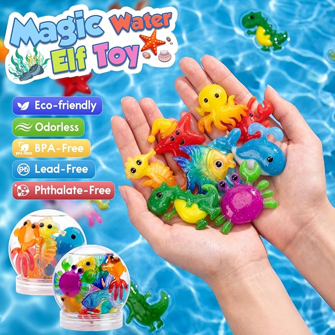 Nisuez Magic Water Elf Toy Kit - 50 Magic Gels (4 Type) & 20 Colorful Molds | DIY Squishy Making Kits Sensory Toys for Kids Color Shape Recognition & Fun Early Learning, 2 Display Bottles & Storage Bins