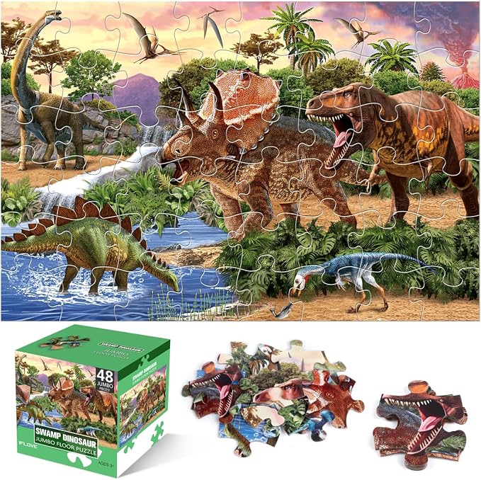 Jumbo Floor Puzzle for Kids,48 Piece Swamp Dinosaur Jigsaw Puzzle Ages 3-8 | Thick Cardboard Swamp Dinosaur Puzzle for Preschool Learning, Toddlers Ages 3-8, 35x24 in Completed,Gift for Boys and Girls
