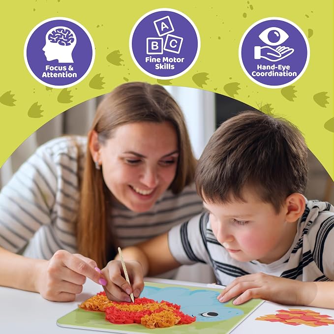 jackinthebox Poke Art Dinosaurs Crafts Kit for Kids, Boys & Girls, Ages 4-8 | 1400 fabric pieces, punch dot activities, learning ideas, travel toys, birthday gifts, age 4 5 6 7 8 yr old, flower pressing