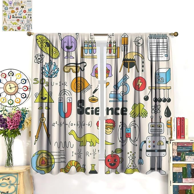 Cartoon Science Bedroom Curtains, Chemistry Science Pharmacy Research Blackout Rod Pocket Window Drapes for Childs Girls Boys Bedroom Living Room Home Set 2 Panels,55x63 Inches