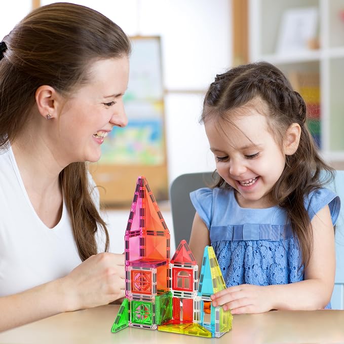 PicassoTiles Magnet Tile Building Blocks 48 Piece Travel Sized Playset with Windows and Clip-on Doors Construction Stacking Magnetic Tiles Block Learning Educational STEM Toy Boys Girls Age 3+ PTM48