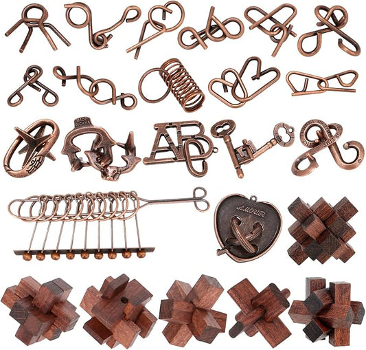 Mytothfy Brain Teaser Puzzles for Adults Teens Kids, 3D Puzzle Game Toys | 24 Pcs Metal & Wooden Unlock Interlocking Puzzle for Adults Teens, IQ Education Smart Toys, Train Family Games Party Favor