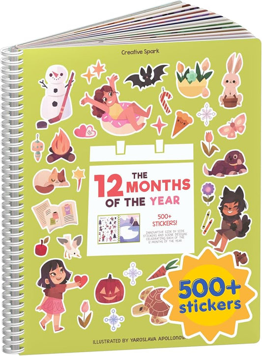 Cupkin 12 Months of the Year Coloring & Sticker Book | 500+ Stickers | Spiral-bound kids craft format with 12 scenes, 12 art pages, side-by-side viewing, and an easy-peel design for ages 2–8