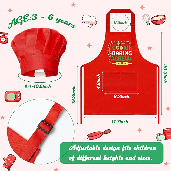 R HORSE 2 Pieces Christmas Kid Apron and Chef Hat Set, Pretend Play Toy | Xmas Red Cookie Baking Crew Adjustable Children Kitchen Apron, Ideal for Cooking, Baking, Painting, Birthday Christmas Gift