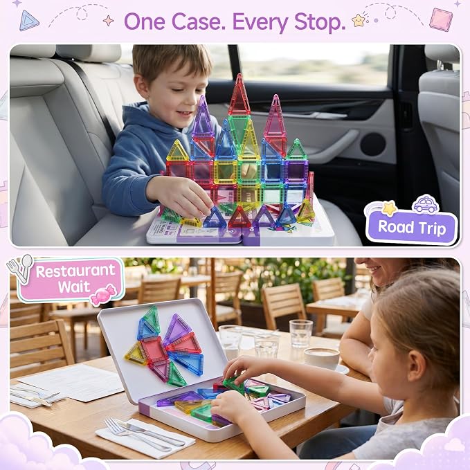 Magnetic Tiles for Kids Travel: 40pcs Portable Mini Building Toy | 30-Sec Iron Case Opens Into 10.6-Inch Play Board - STEM Gift for Toddlers Ages 3-6 - Airplane Road Trip Restaurant
