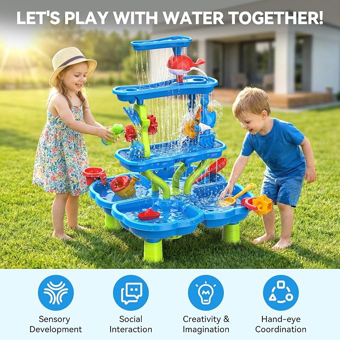 HeySplash Water Table for Toddlers 4-Tier with Toy Accessories | Kids Water and Sand Activity Sensory Playset, Sand Table Summer Splash Sensory Table for Outdoor Beach Backyard Garden, Blue