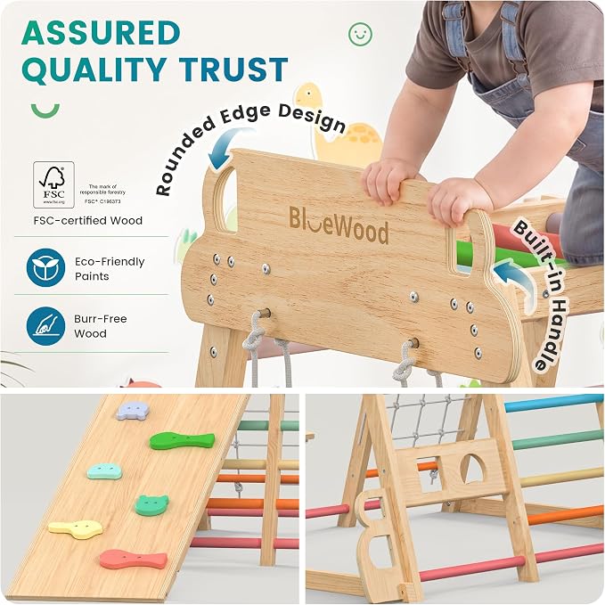 Upgraded Indoor Jungle Gym 14-in-1 Playground Kids Climbing Toys | Waldorf Style Wooden Climber Playset with Slide, Swing, Monkey Bars, Upright/Rope Ladder, Climb Net, Colorful