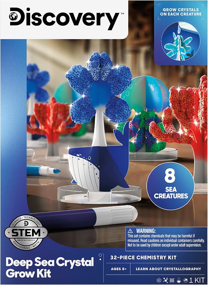 Discovery™ Deep Sea Crystal Grow Kit – 32-Piece STEM Chemistry Lab for Kids| Grow Colorful Crystals on 8 Sea Creatures| Educational Craft Kit with Art Supplies| DIY Science Activity Set Gift| Ages 8+