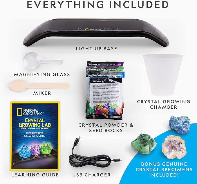 National Geographic Crystal Growing Kit with 3 Crystals for Kids Ages 8-12 | Grow 3 Vibrant Crystals, Light-Up Night Display, 3 Real Gem Specimens, Science Experiment, STEM Learning, Birthday Gift