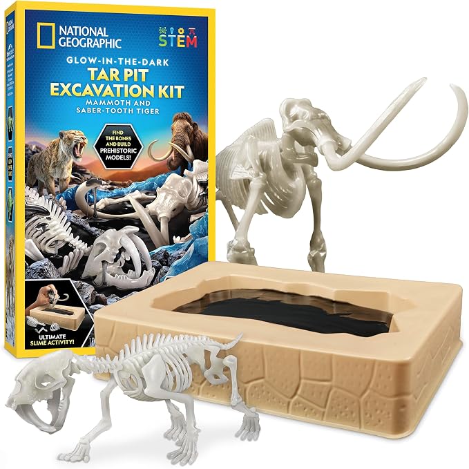 National Geographic Slime Kit for Kids Ages 6-12, Glow in the Dark Dig Kit | Mammoth and Saber-Tooth Tiger Skeletons, Black Slime, Reusable Prehistoric Science Toy, Paleontology Activity