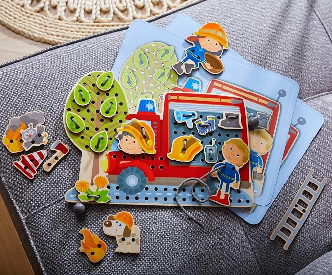 HABA Fire Engine Rescue Themed Lacing Toy Set for Preschool Learning, Fine Motor Skills Development Game with 38 Threading Tiles and 2 Template Cards, Kids Educational Toy Ages 3-5