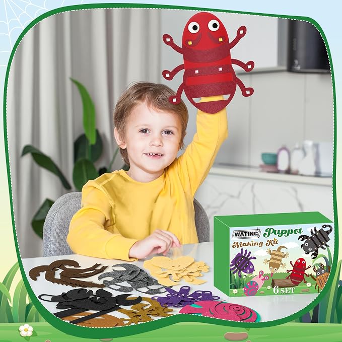 WATINC Hand Puppet Making Kit, Felt Sock Puppet Toys for Kids (Insect B) | 6 Styles, Make Your Own Storytelling & Role Play Crafts, Creative Group Activity, Party Favors & Gifts for Kids Ages 4-8