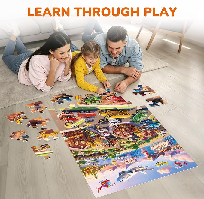 BenBen Floor Puzzles for Kids Ages 4–6, 2 x 3 Feet Transportation Puzzle | Extra-Thick 48 Large Pieces Vehicle-Themed Jigsaw Puzzle for Toddlers 3-5, Preschool Educational Toy Gift for Boys Girls