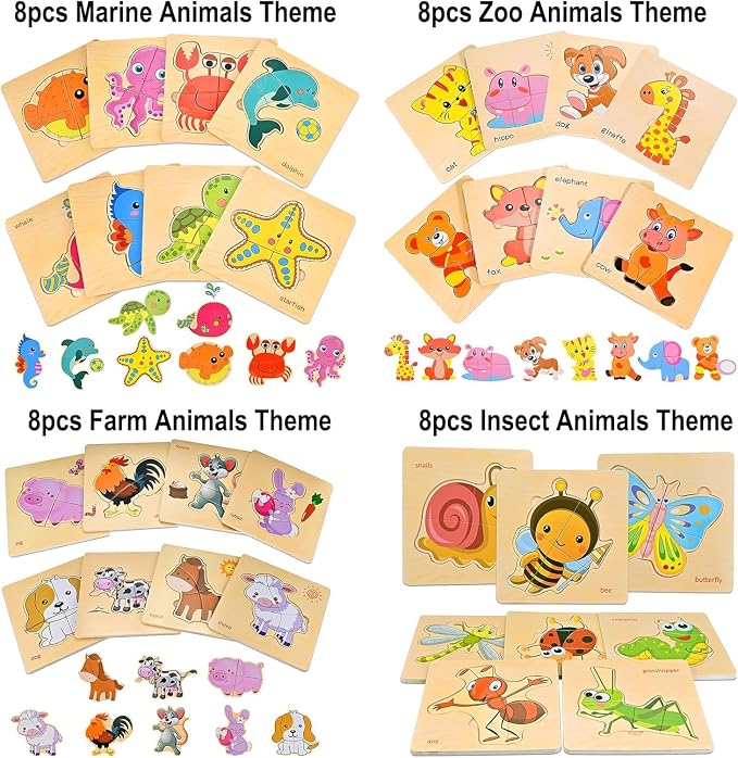 8pcs Wooden Puzzles for Toddlers 1-3, Toddler Puzzles Ages 2-4 | Montessori Toys for 1-3+ Years Girl Boy, Sea Animal Puzzle for Kids, Jigsaw Puzzle Educational Preschool for 1-4