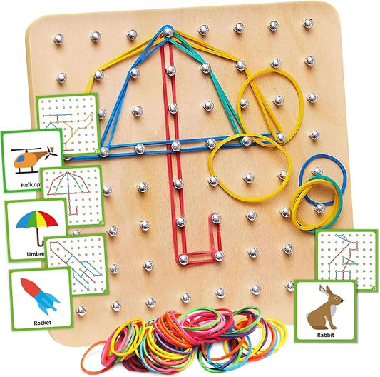 Wooden Geoboard - Montessori Toys for 3 4 5 Year Old Kids and Toddlers, Educational Toy with 30 Pattern Cards and 40 Rubber Bands to Create Figures, Brain Teaser STEM Toy Geo Board