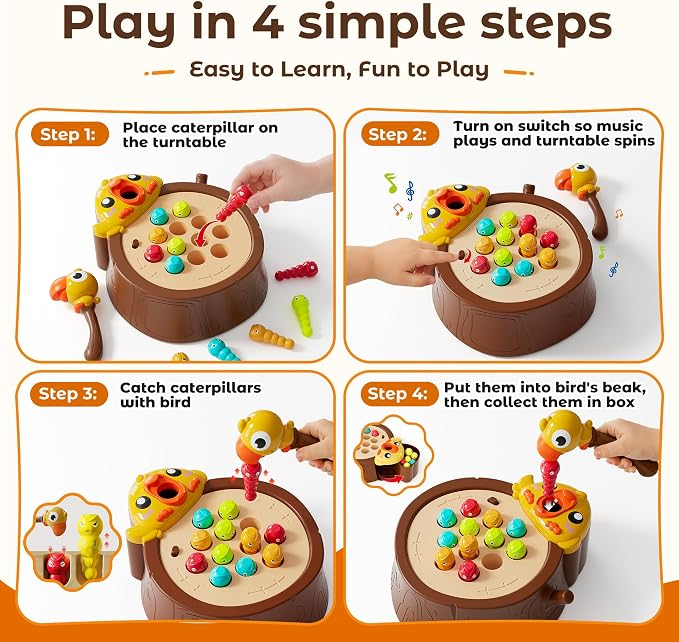 Magnetic Bird Feeding Game, Fine Motor Skills Ages 3-5 Birthday Girls Gift | Woodpecker Worm Catching Game, Montessori Educational Toy, 2 Speeds with Music, Safe Materials Ideal Gift for Toddlers 3-5