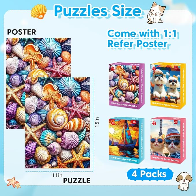 4 Packs 100 Piece Puzzle - Shells Sailboat Cats Dogs Jigsaw Puzzles, 100 Piece Puzzles for Adults Seniors Kids Puzzles for Kids Ages 4-6 6-8 8-10 Educational Puzzle Toys 15"x11"