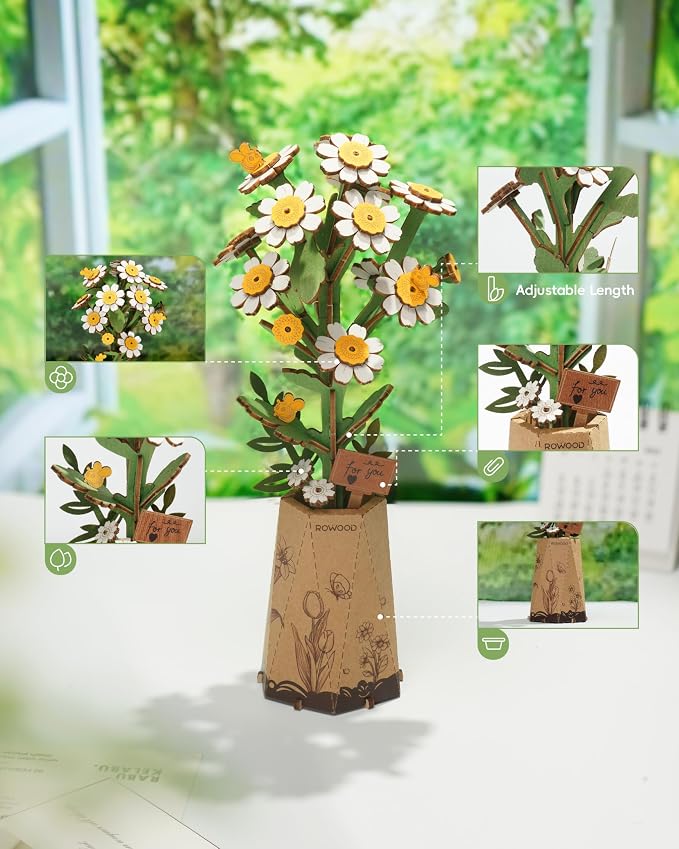 Rowood 3D Puzzles for Adults, DIY Wooden Flower Building Block Set Craft Kit,Mother's Day/Valentine's Day/Teacher's Day/Thanksgiving/Christmas/Birthday Gift for Mom/Grandma-Chamomile