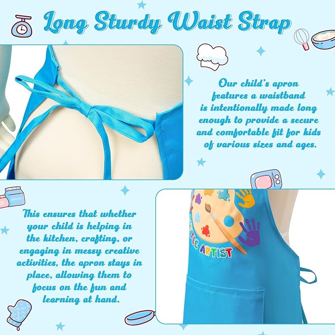R HORSE 2 Pieces Kid Apron and Chef Hat Set, Dress up Pretend Play Toy | Blue Little Artist Adjustable Children Kitchen Apron with Pockets Set, Ideal for Painting, Cooking, Baking, Birthday Gift