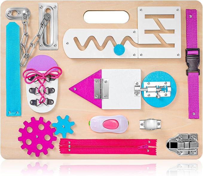 Toddlers Busy Board, Montessori Busy Board for Age 1, Wooden Sensory Toys | Preschool Learning Activities, Basic Life Skills, Fine Motor Skills, Educational Birthday Gifts for Kids Ages 1 2 3 4, Pink