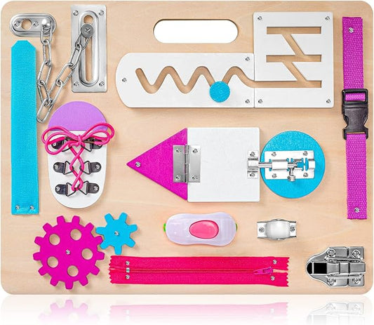 Toddlers Busy Board, Montessori Busy Board for Age 1, Wooden Sensory Toys | Preschool Learning Activities, Basic Life Skills, Fine Motor Skills, Educational Birthday Gifts for Kids Ages 1 2 3 4, Pink