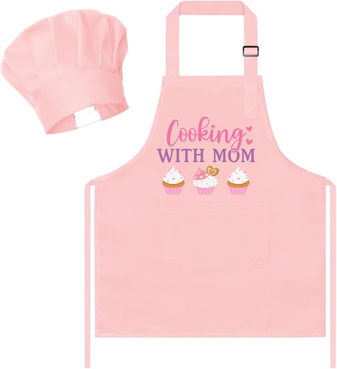 R HORSE Kid Apron and Chef Hat Set 2Pcs Adjustable Pink with Mom Cooking Children Kitchen Apron, Dress up Role Play Chef Toy Funny Cooking Baking Painting and Training Kit for Kids Birthday Party Gift