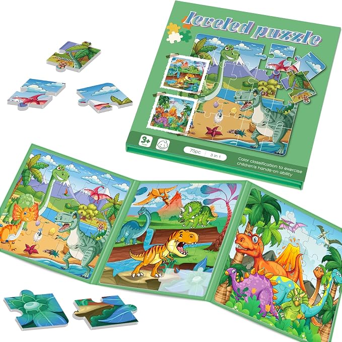 Magnetic Puzzles for Toddlers 3-5 Dinosaur Puzzle Travel Toys for Kids | Jigsaw Puzzles for Kids 75-Pieces Travel Toys Dinosaur Puzzles Ages 4-6 Road Car Trip & Airplane