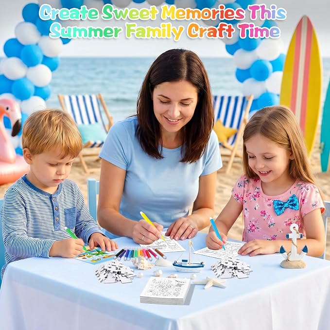 Fennoral 24 Pack DIY Coloring Summer Jigsaw Puzzle Craft Kit for Kids | Make Your Own Jigsaw Puzzle with Base Design, 4.7 Inch Bulk Craft Supplies for Classroom, Luau Party & Birthday Gifts