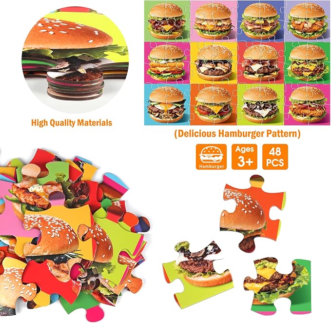 Jumbo Floor Puzzle for Kids,48 Piece Hamburger Jigsaw Puzzle Ages 3-8 | Food-themed Learning Puzzle with Colorful Hamburger,Extra-thick Cardboard,35x24 in Completed,Preschool Gift for Boys and Girl